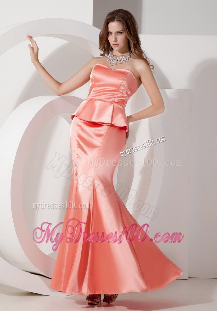 Watermelon Pink Mermaid Taffeta Prom Dresses with Waist-Defining Peplum
