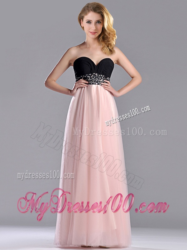Modern Empire Beaded and Ruched Evening Dress in Baby Pink and Black
