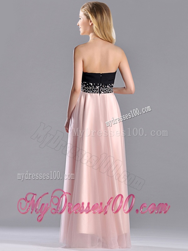 Modern Empire Beaded and Ruched Evening Dress in Baby Pink and Black