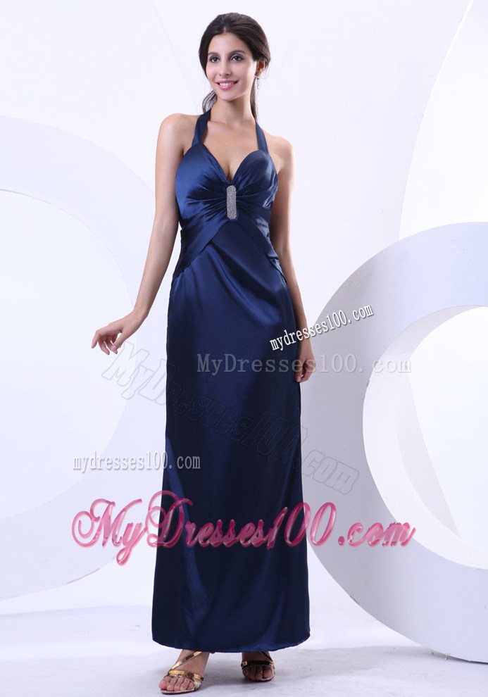 Fashionable Halter Navy Blue Dresses for Prom of Backless and Ankle-length