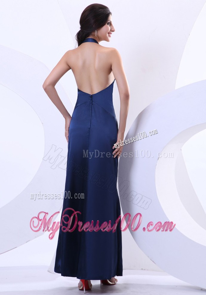 Fashionable Halter Navy Blue Dresses for Prom of Backless and Ankle-length