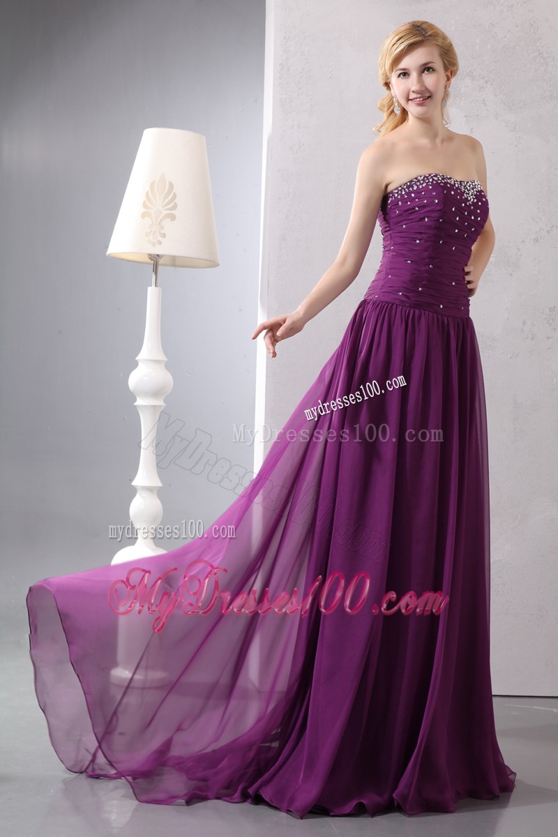 Brush Train Strapless Purple Chiffon Prom Dresses with Beading and Ruches