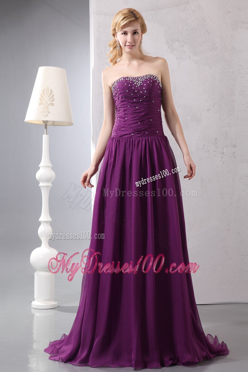 Brush Train Strapless Purple Chiffon Prom Dresses with Beading and Ruches