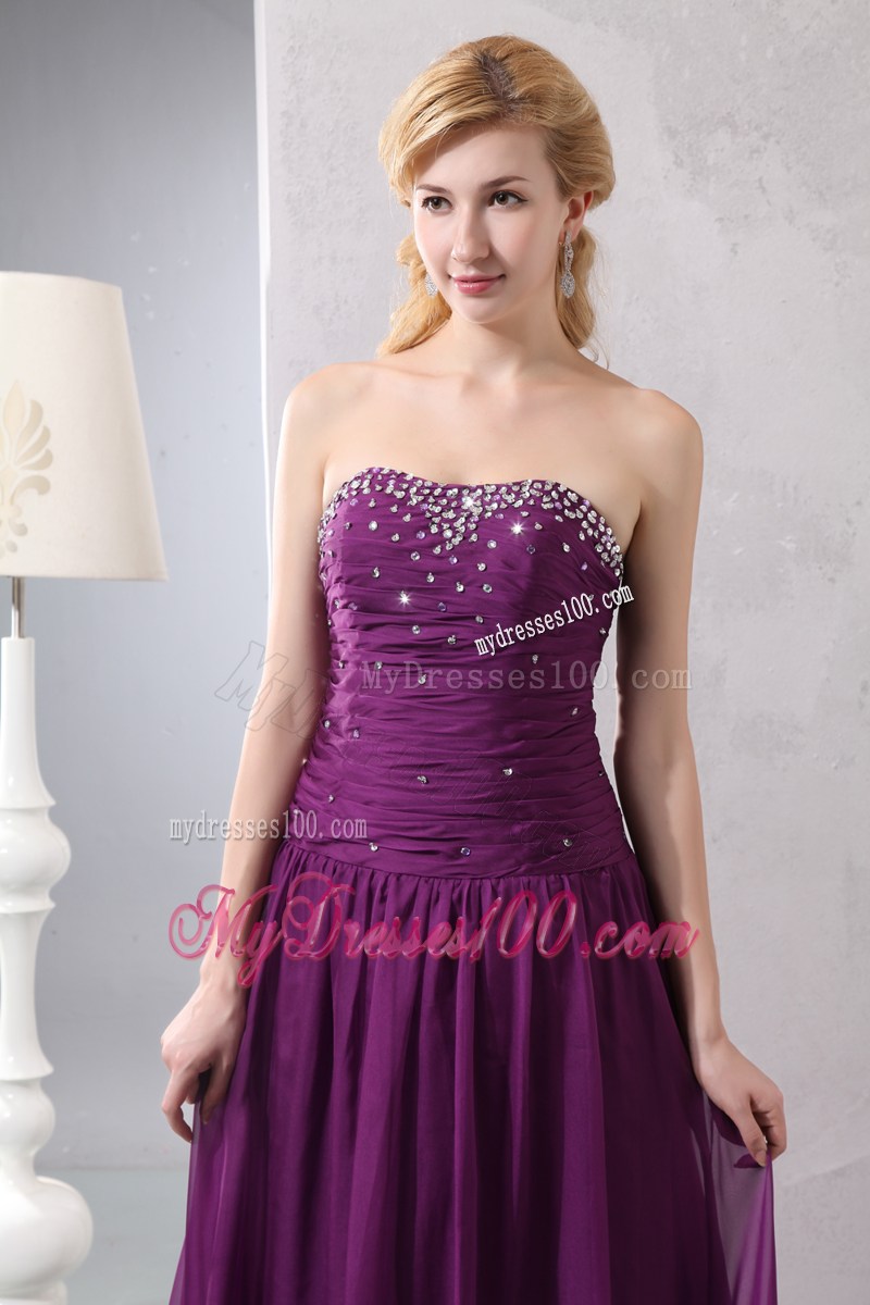 Brush Train Strapless Purple Chiffon Prom Dresses with Beading and Ruches
