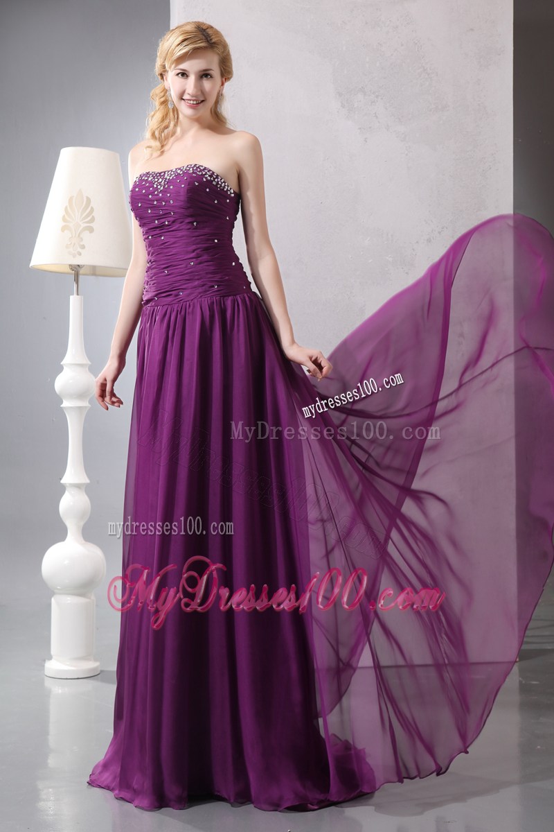 Brush Train Strapless Purple Chiffon Prom Dresses with Beading and Ruches