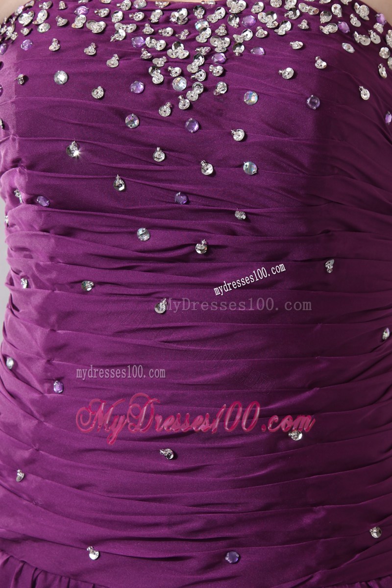 Brush Train Strapless Purple Chiffon Prom Dresses with Beading and Ruches