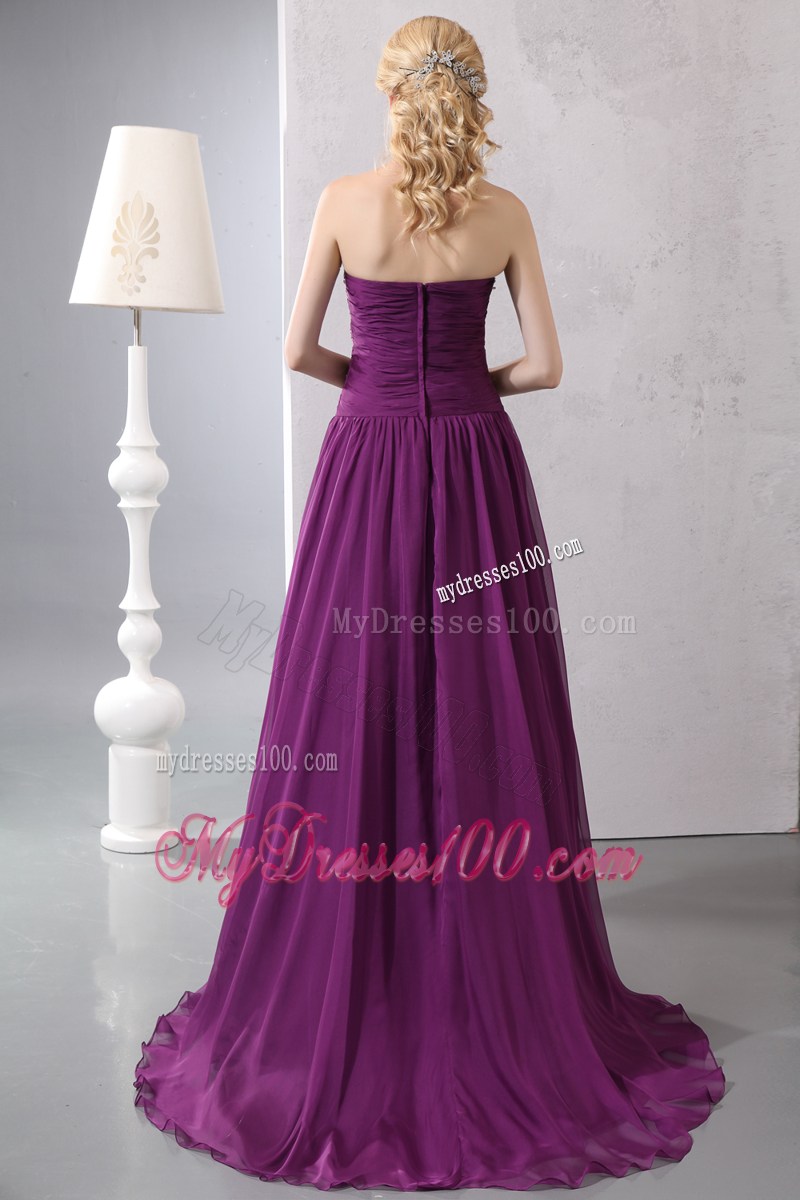 Brush Train Strapless Purple Chiffon Prom Dresses with Beading and Ruches