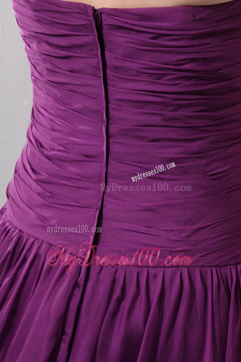 Brush Train Strapless Purple Chiffon Prom Dresses with Beading and Ruches