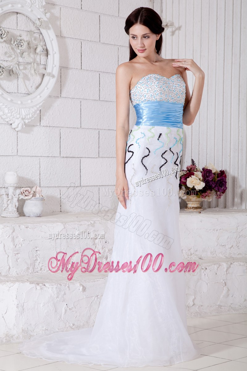 White Organza Column Floor-length Prom Dress with Beading and Blue Ruched Belt