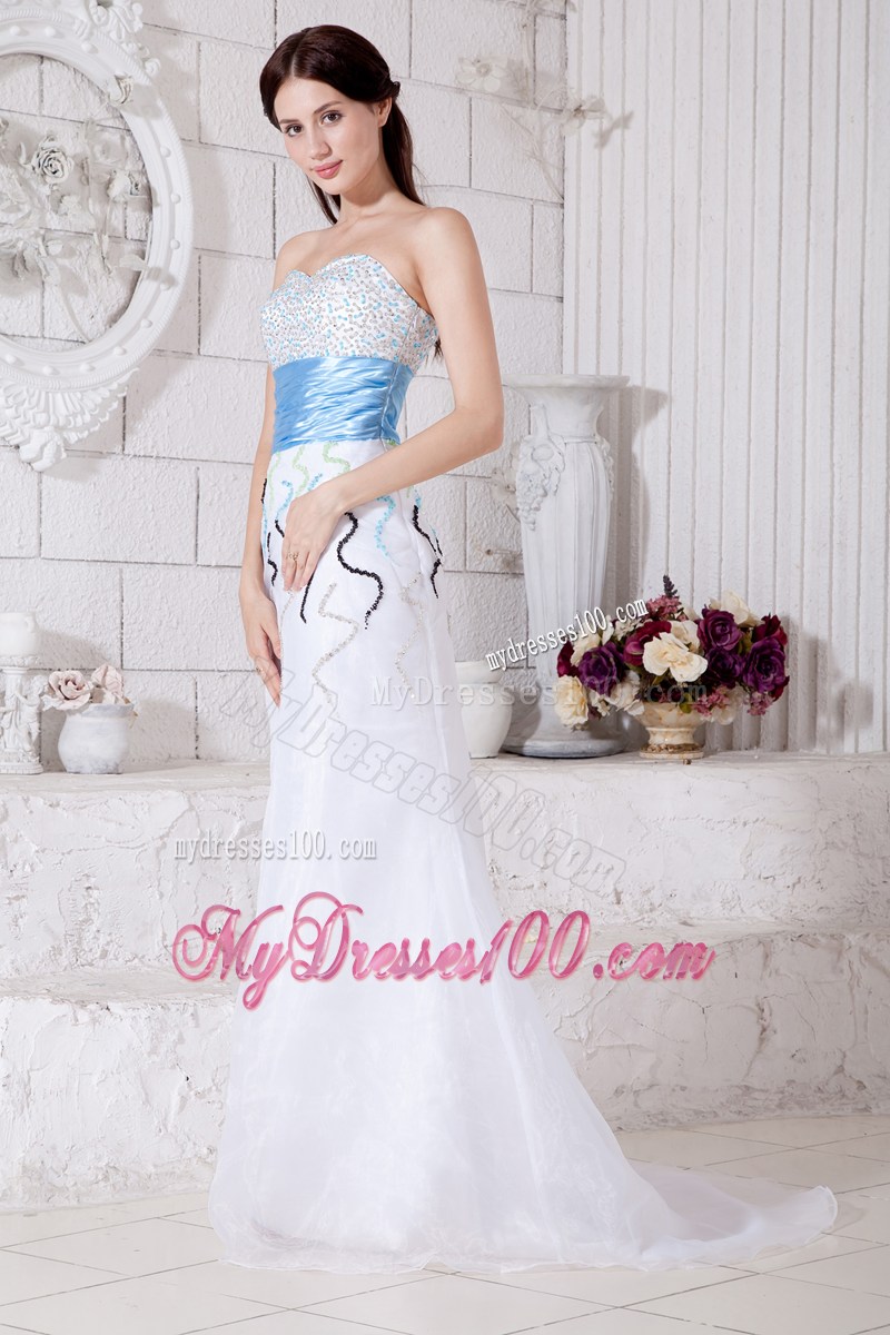 White Organza Column Floor-length Prom Dress with Beading and Blue Ruched Belt