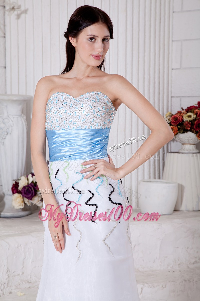 White Organza Column Floor-length Prom Dress with Beading and Blue Ruched Belt