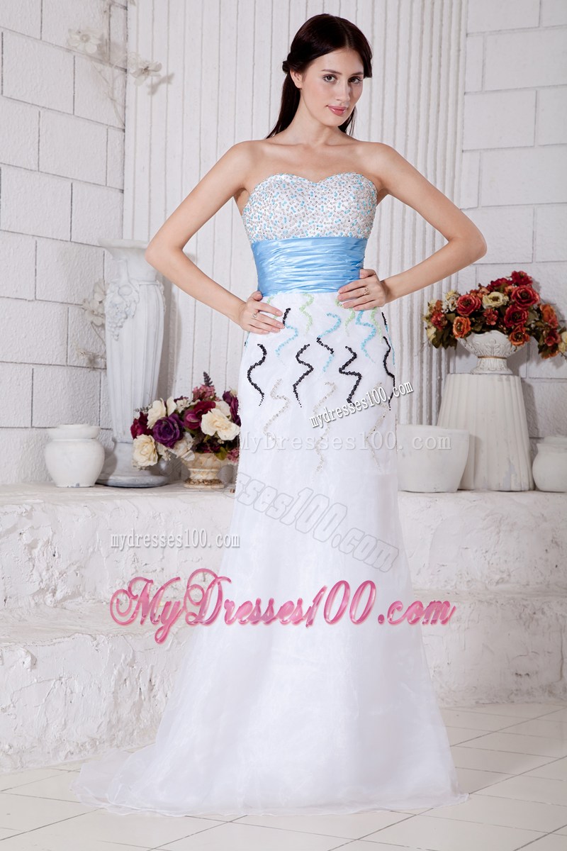 White Organza Column Floor-length Prom Dress with Beading and Blue Ruched Belt