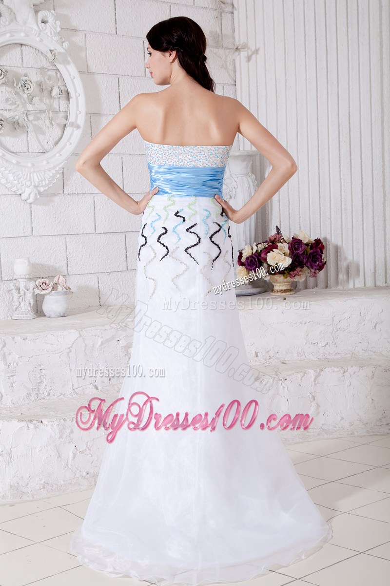 White Organza Column Floor-length Prom Dress with Beading and Blue Ruched Belt