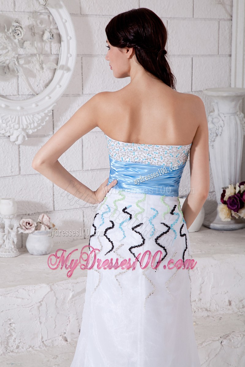 White Organza Column Floor-length Prom Dress with Beading and Blue Ruched Belt