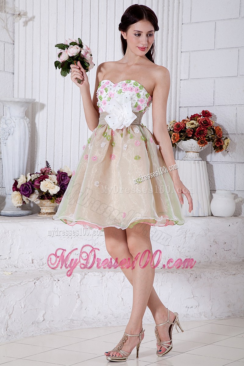 Beaded Flowers Accent on Mini-length Organza Prom Dress in Multi Colors