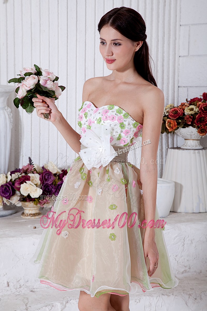 Beaded Flowers Accent on Mini-length Organza Prom Dress in Multi Colors