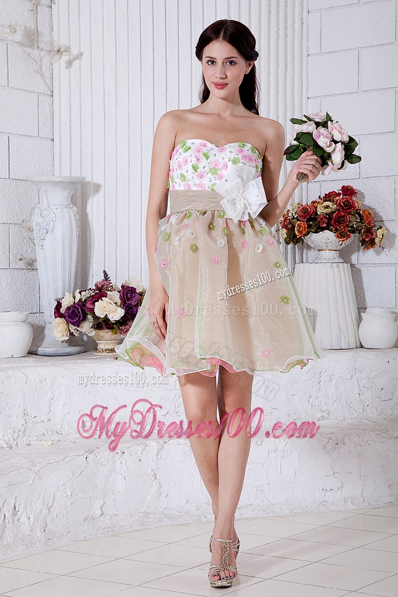Beaded Flowers Accent on Mini-length Organza Prom Dress in Multi Colors