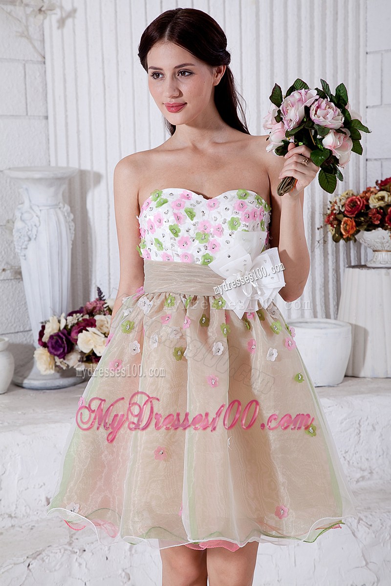 Beaded Flowers Accent on Mini-length Organza Prom Dress in Multi Colors