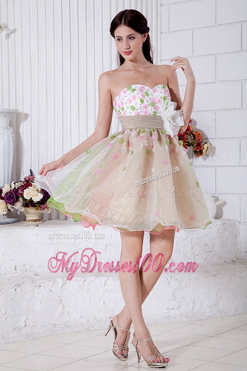 Beaded Flowers Accent on Mini-length Organza Prom Dress in Multi Colors