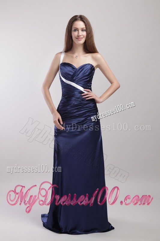 Sweetheart One Shoulder Ruched Gowns for Prom Brush Train in Navy Blue