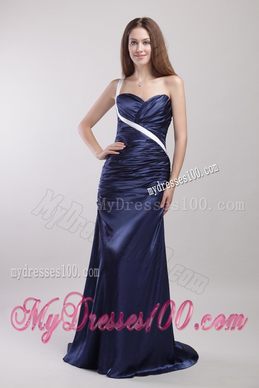 Sweetheart One Shoulder Ruched Gowns for Prom Brush Train in Navy Blue