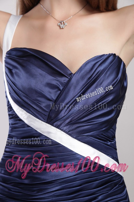 Sweetheart One Shoulder Ruched Gowns for Prom Brush Train in Navy Blue