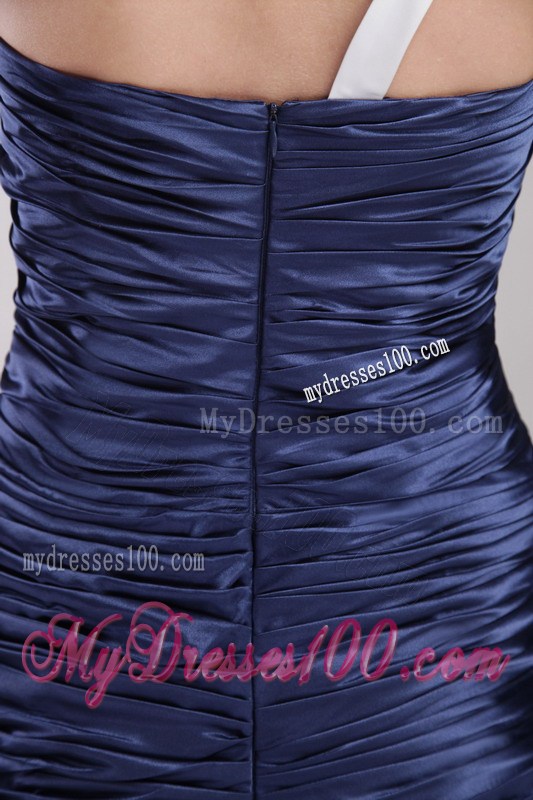 Sweetheart One Shoulder Ruched Gowns for Prom Brush Train in Navy Blue