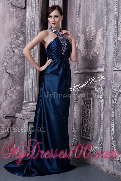 Stylish Column Halter Brush Train Beaded Gowns for Prom in Navy Blue