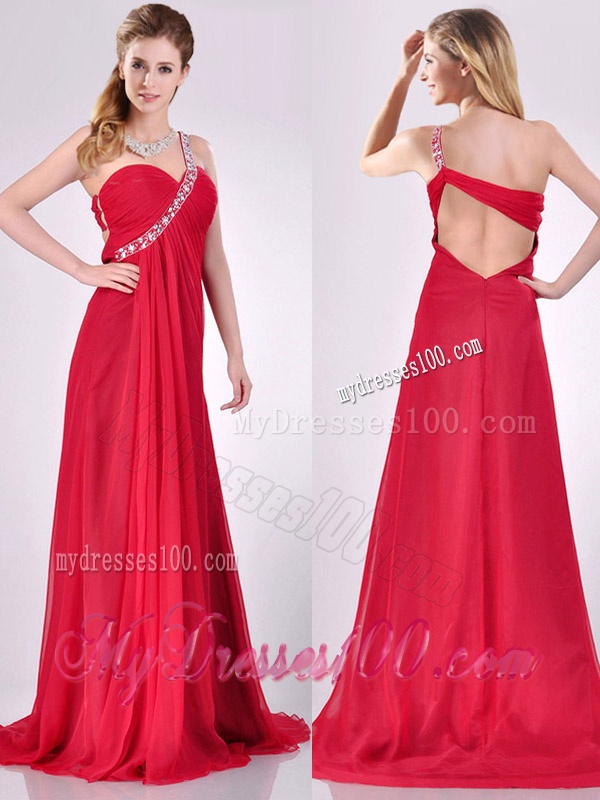 New Beaded Decorated One Shoulder Red Evening Dress with Brush Train