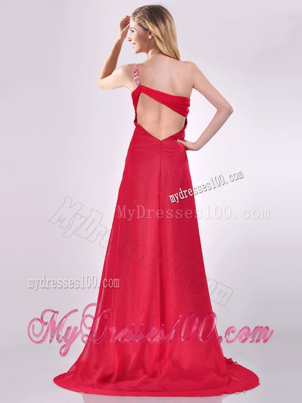 New Beaded Decorated One Shoulder Red Evening Dress with Brush Train