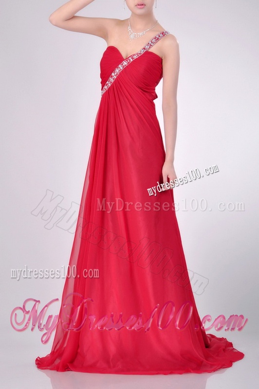 New Beaded Decorated One Shoulder Red Evening Dress with Brush Train