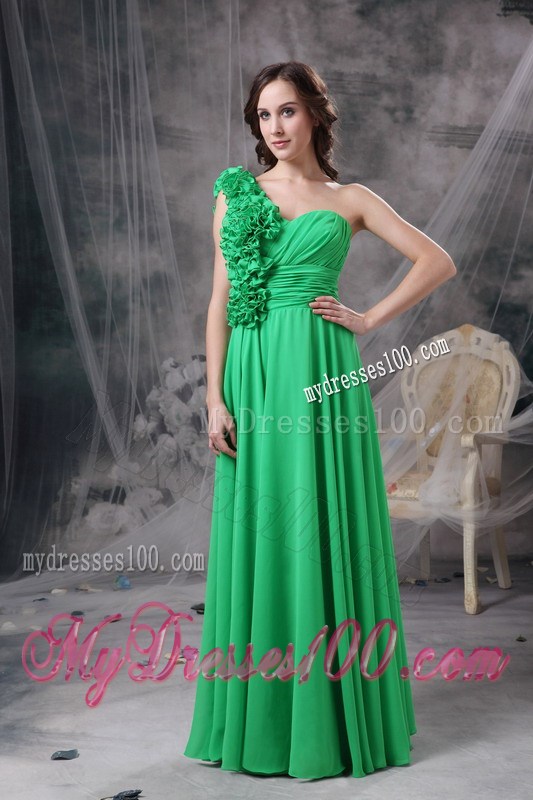 Customize Green Empire One Shoudler Prom Dress Chiffon Hand Made Flowers Floor-length