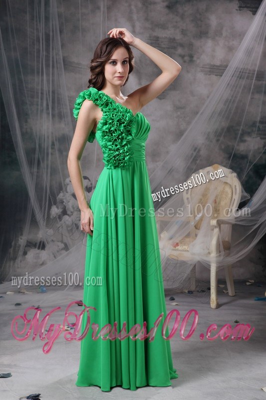 Rolling Flowers Accent one Shoulder Green Empire Prom Dress Floor-length