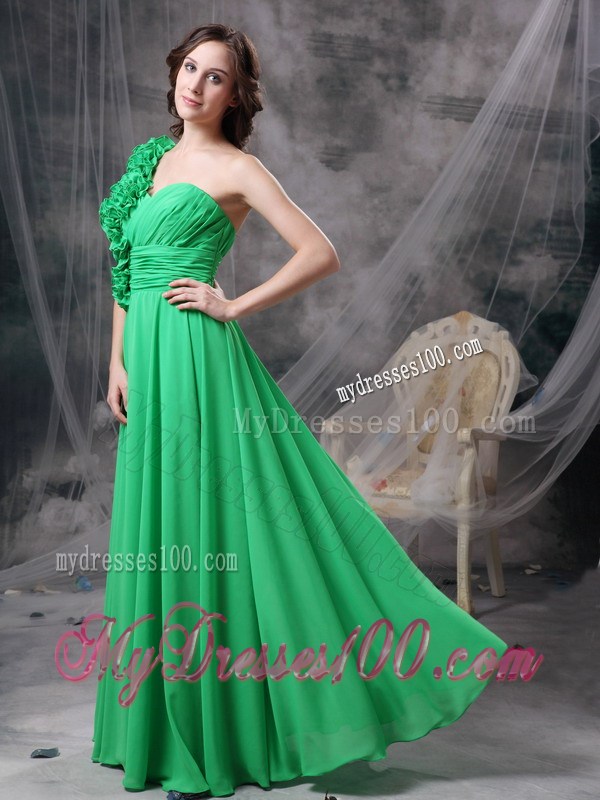 Rolling Flowers Accent one Shoulder Green Empire Prom Dress Floor-length