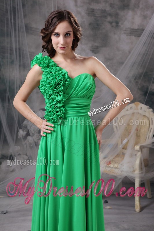 Rolling Flowers Accent one Shoulder Green Empire Prom Dress Floor-length