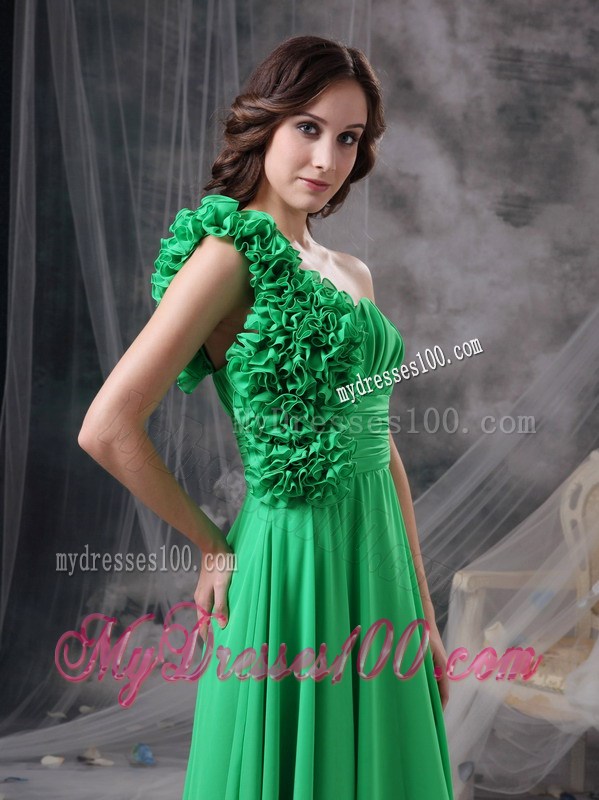 Rolling Flowers Accent one Shoulder Green Empire Prom Dress Floor-length