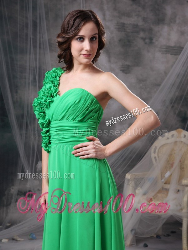 Customize Green Empire One Shoudler Prom Dress Chiffon Hand Made Flowers Floor-length