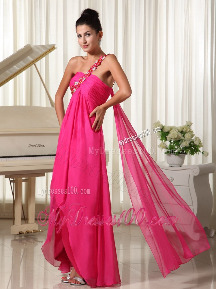 High-low Appliqued one Shoulder Floor-length Watteau Train Prom Gown in Hot Pink