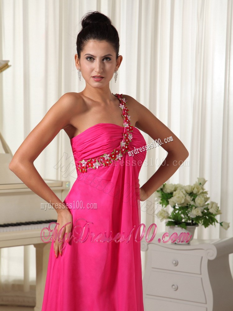 High-low Appliqued one Shoulder Floor-length Watteau Train Prom Gown in Hot Pink