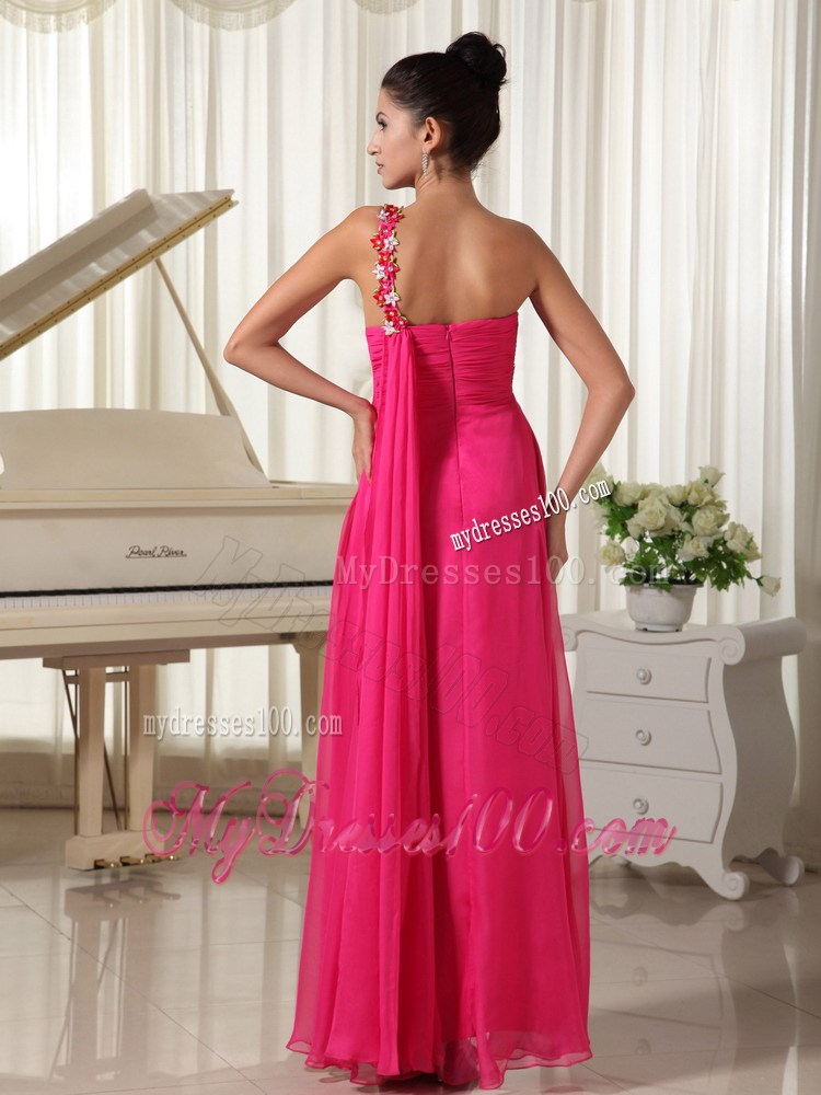 High-low Appliqued one Shoulder Floor-length Watteau Train Prom Gown in Hot Pink