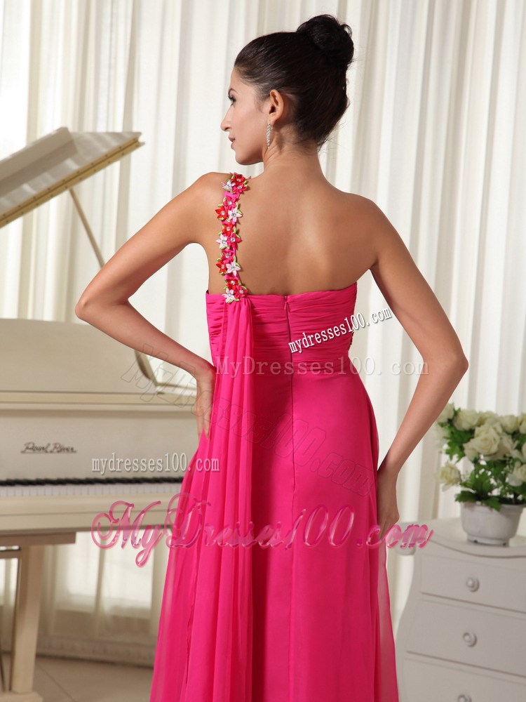 High-low Appliqued one Shoulder Floor-length Watteau Train Prom Gown in Hot Pink
