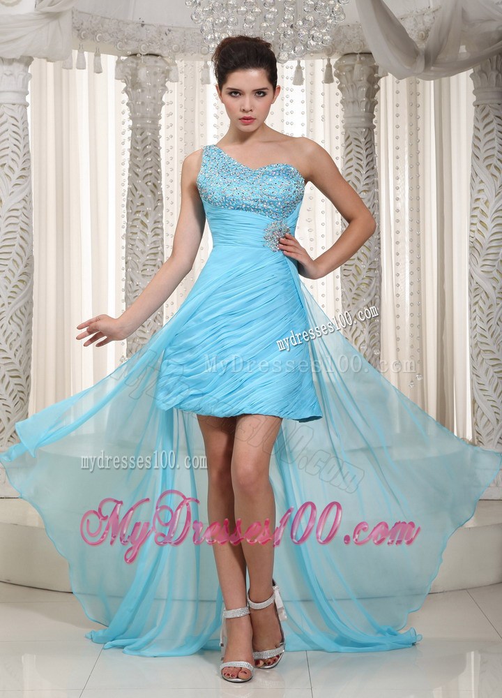 Single Shoulder Beaded and Appliqued High-low Prom Dresses in Aqua Blue