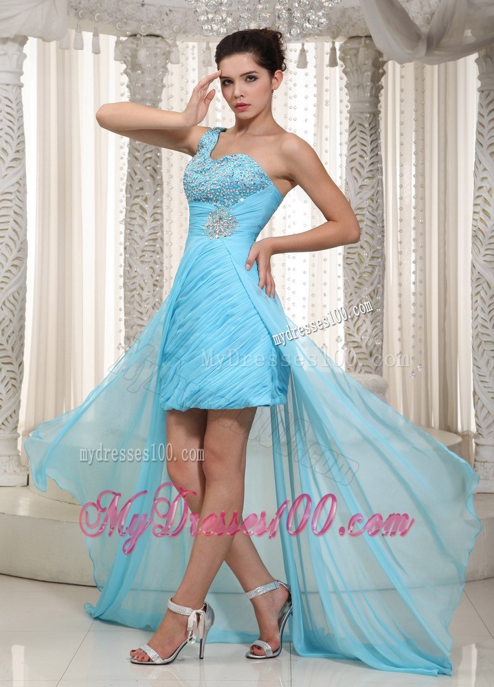 Single Shoulder Beaded and Appliqued High-low Prom Dresses in Aqua Blue