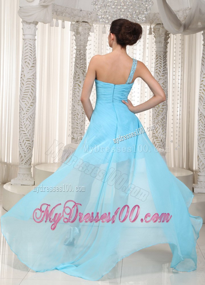 Single Shoulder Beaded and Appliqued High-low Prom Dresses in Aqua Blue
