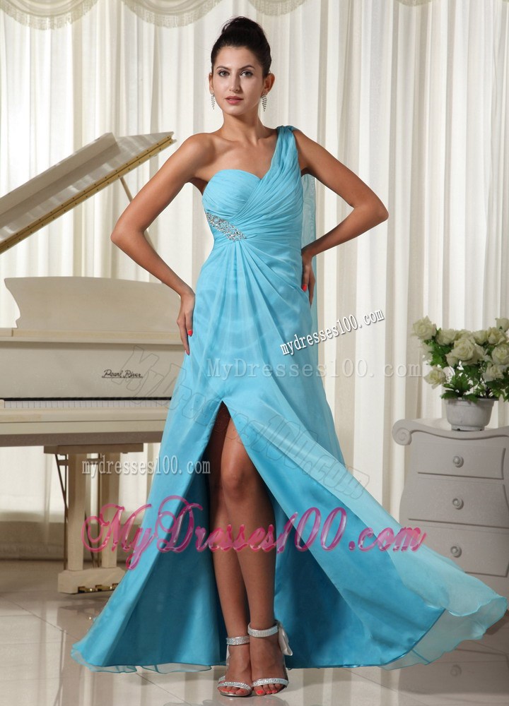 Asymmetrical Aqua Blue Chiffon Prom Dress with Beading and Watteau Train