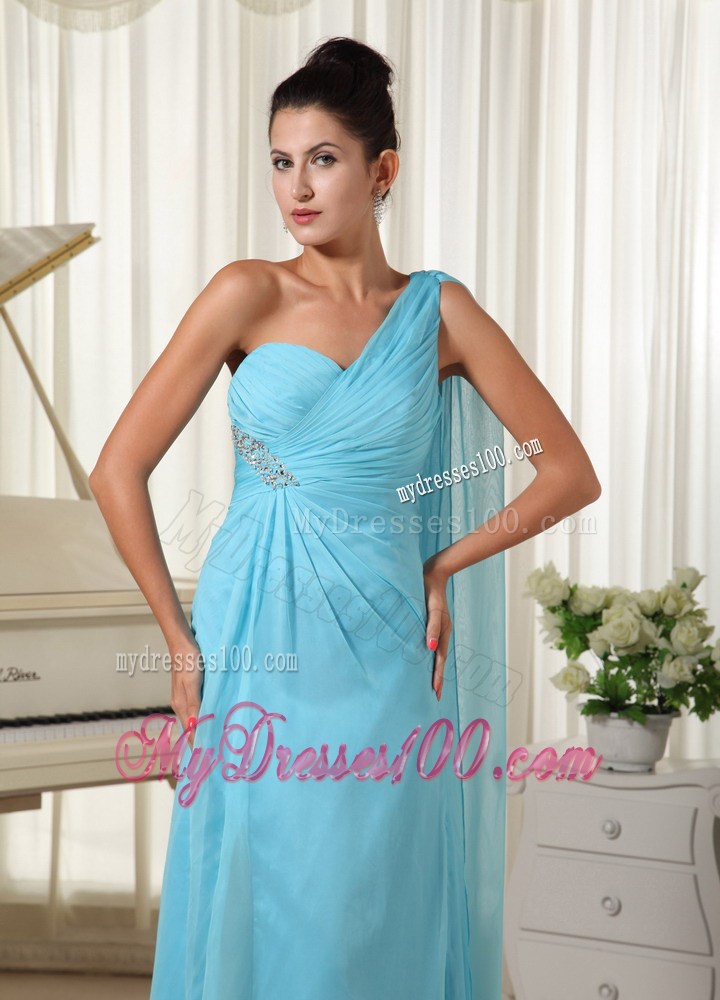 Asymmetrical Aqua Blue Chiffon Prom Dress with Beading and Watteau Train