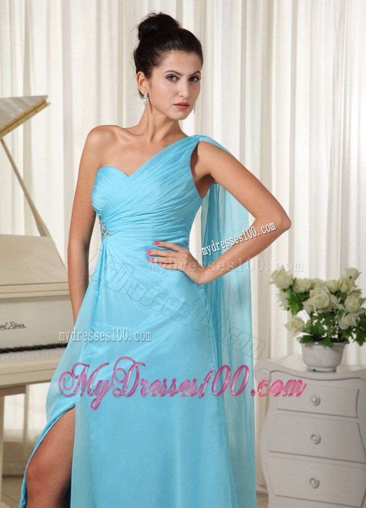 Asymmetrical Aqua Blue Chiffon Prom Dress with Beading and Watteau Train