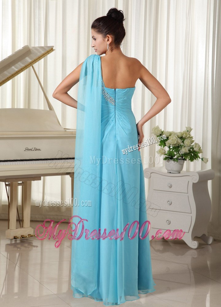 Asymmetrical Aqua Blue Chiffon Prom Dress with Beading and Watteau Train