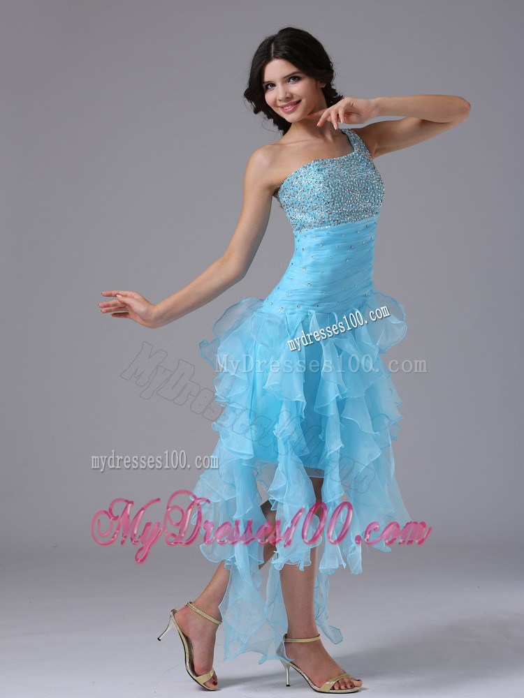 Beading and Vertical Ruffles Accent Aqua Blue High-low Prom Gown one Shoulder