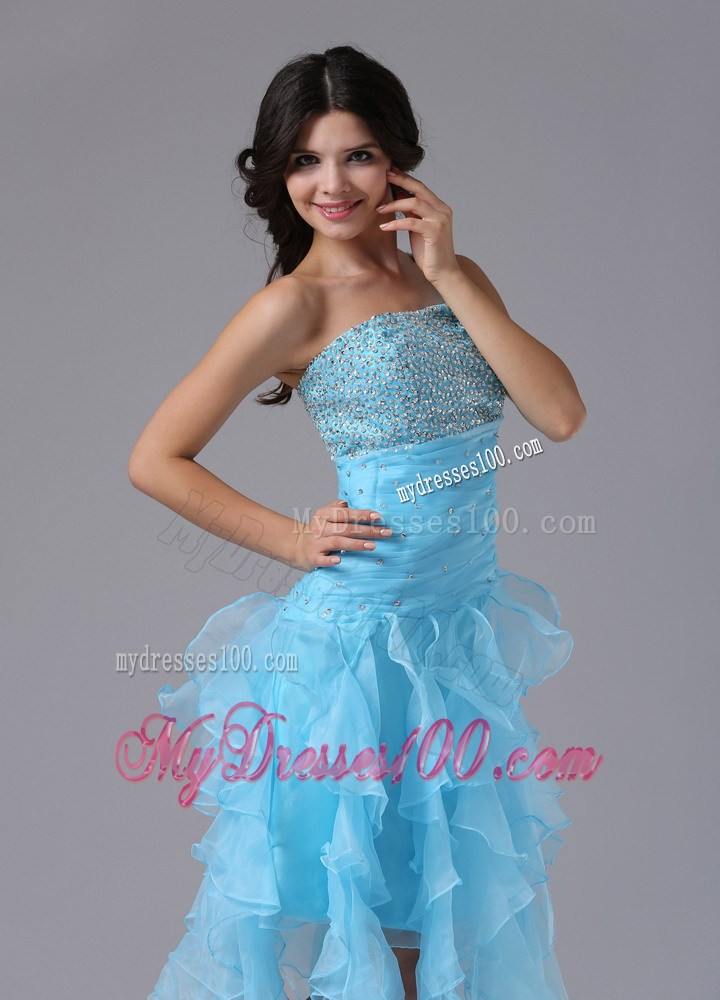 Beading and Vertical Ruffles Accent Aqua Blue High-low Prom Gown one Shoulder